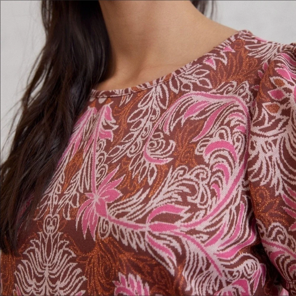 Anthropologie Demeter floral paisley print copper shimmer short sleeve top - Picture 3 of 9